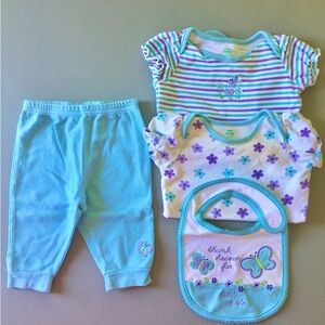 LKNEW Okie Dokie Outfit Girl’s 6-9M Embroidered Butterflies 4 Piece Set Blue